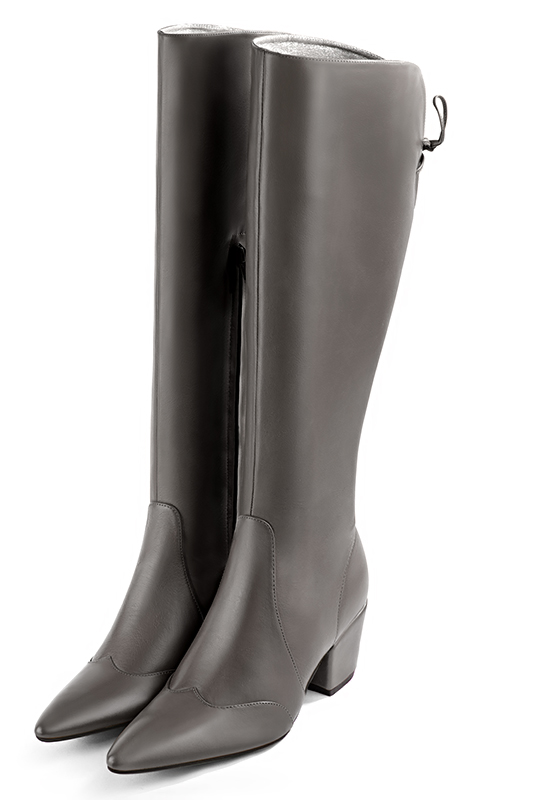 Ash grey women's knee-high boots, with laces at the back. Tapered toe. Medium cone heels. Made to measure. Front view - Florence KOOIJMAN